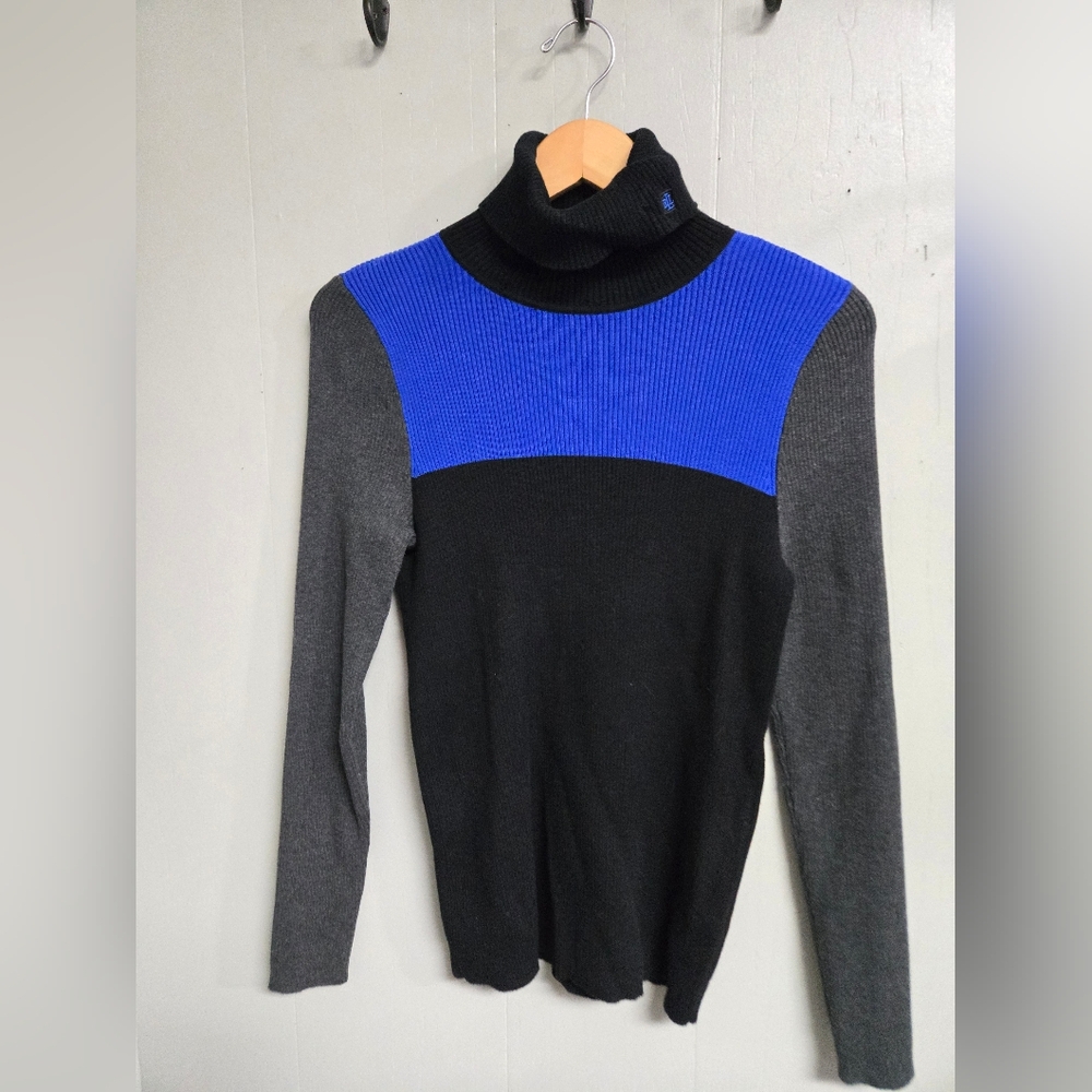 Lauren Ralph Lauren Colorblock Turtleneck Sweater - Black, Blue, and Gray Knit L